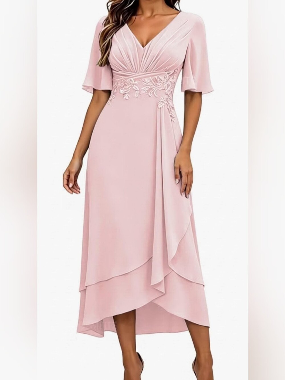 Elegant Pink V-Neck Chiffon Midi Dress with Draped Skirt